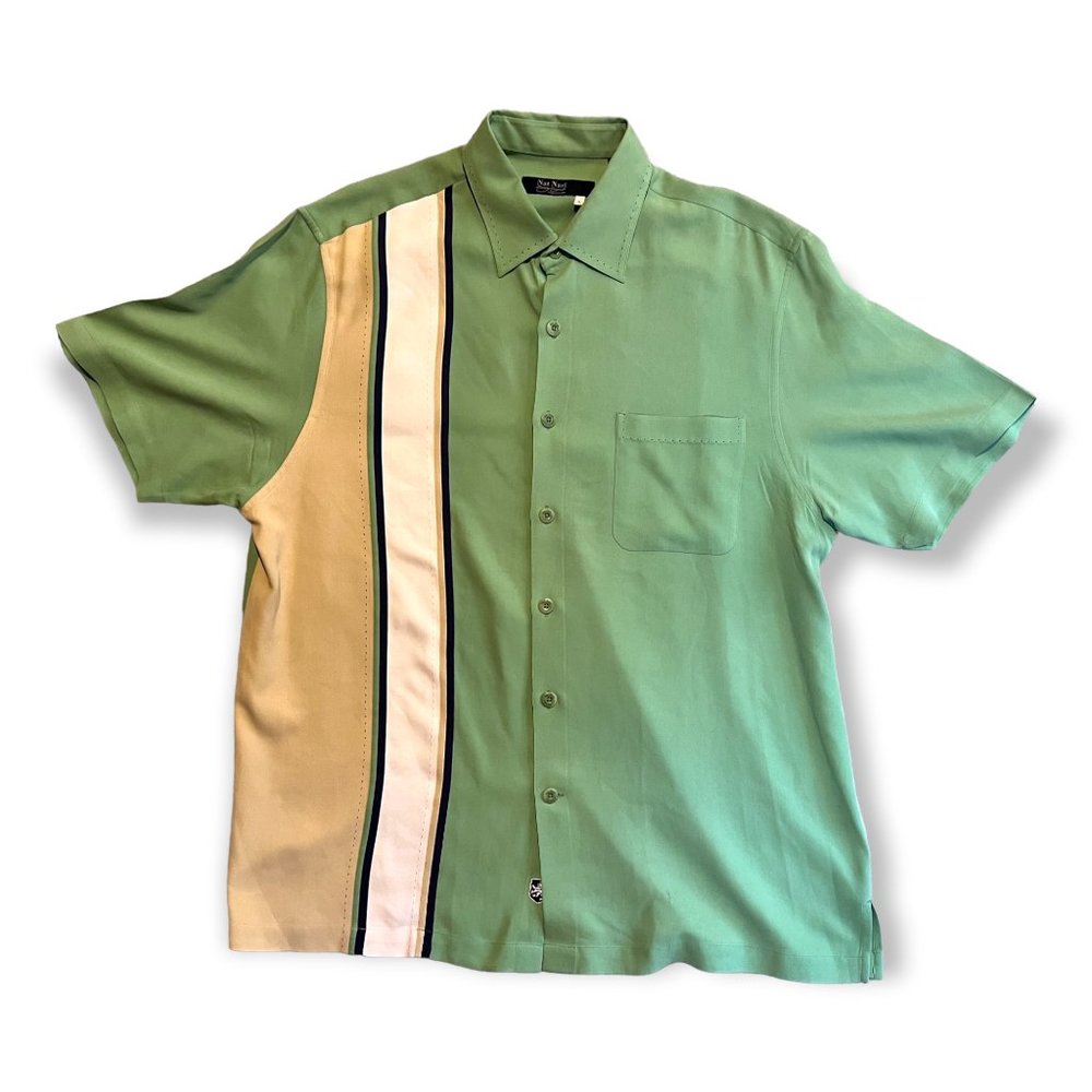 Nat Nast Mens Green 100% Silk Button Up Shirt Sz L Bowling Rockabilly 50s 60s